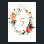 Tischnummer Wasserfarben Herbst Garten<br><div class="desc">Aquarellfarbene Blume in Bordeaux,  Korallen,  Gold,  Rot und Pfirsichfarben Tischnummer Card. Stil,  Farbe und Schriftart des Textes können personalisiert sein. Auch die Hintergrundfarbe kann angepasst werden. Entsprechende Artikel finden Sie in unserer Fall Garden Floral Collection.</div>