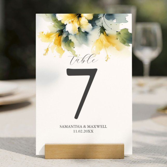 Tischnummer Wasserfarbener Hibiskus (Wedding table numbers feature watercolor yellow hibiscus flowers personalized Do Tell A Belle)