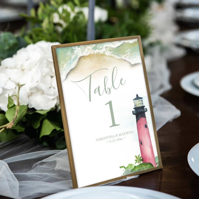 Tischnummer Watercolor Beach Hochzeit 4x6 Fotodruck (Beach wedding table number features watercolor Jupiter lighthouse art by Victoria Grigaliunas )