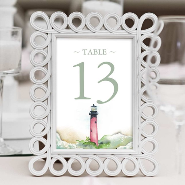 Tischnummer Watercolor Beach Hochzeit 4x6 Fotodruck (Beach wedding table number with Jupiter Lighthouse watercolor art by Victoria Grigaliunas)