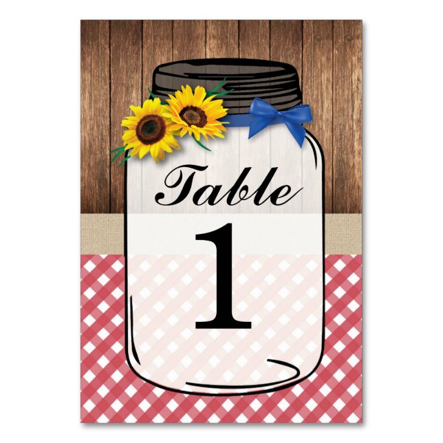 Tischnummern Hochzeit Sonnenblume Jar Wood Red Kar (Vorderseite)
