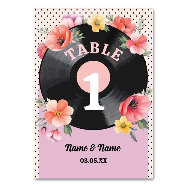 Tischnummern Music Record Wedding Floral 1950er (Vorderseite)
