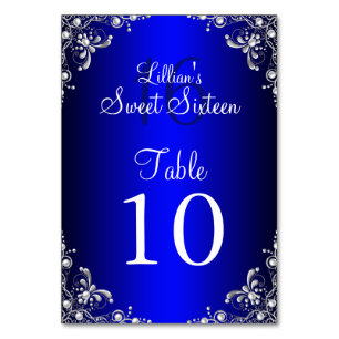 Tischnummernkarte Royal Blau Sweet 16 Silberperle Tischnummer