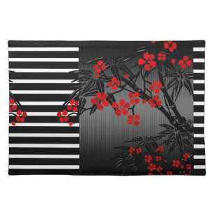 Tischset-asiatische Schwarz-weiße rote Bambusblüte Tischset
