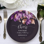 Tischtafelgeschirr für Geburtstagsparteien - lila  Pappteller<br><div class="desc">Elegante lila Rose goldene Mädels Blumengebäck Geburtstagsparty personalisierte Geschirr-Vorlage Teller,  lila und Rose Gold Blätter Aquarellbäume dunklen lila Hintergrund Geburtstagsparty Teller</div>