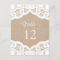 Tischtafeln der Tischnummer Burlap Lace Doily Wedd