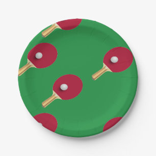 Tischtennisschläger und Ball auf Grün Pappteller