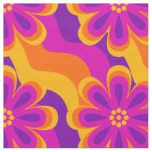 Tissu 1960 1970 Style Flowers & Waves Motif Fabric