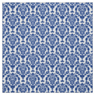 tissu à motifs damassés bleu et blanc.
