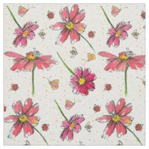 Tissu Abeilles de marguerite rose Ladybugs