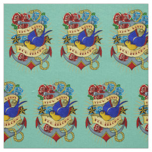 Tissu Ancre, hirondelle et roses