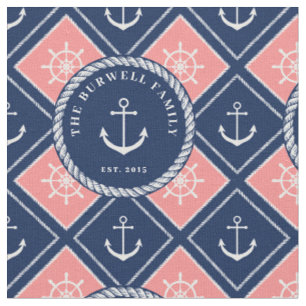 Tissu Ancre Pink Navy Ship's Wheel Motif Ajouter un nom