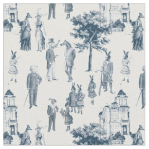 Tissu animal victorien antique toile anthropomorphe bleu