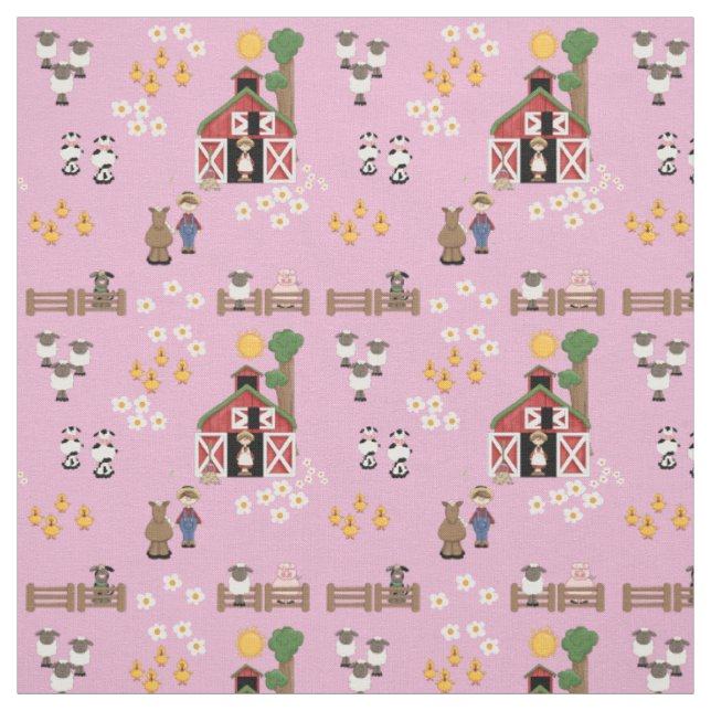 Tissu Animaux de la ferme de la grange nurserie rose (Échantillon)