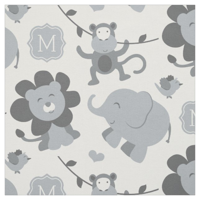 Tissu Animaux de la jungle gris mignons bébé monogramme (Échantillon)