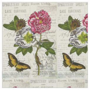 Tissu Annonces vintages de journaux et papillons et fleu