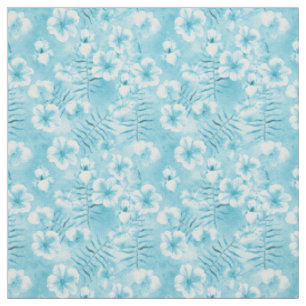 Tissu Aqua White Hibiscus Orchidées Tropical Floral