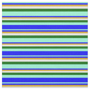 Tissu Aquamarine, bleu, verge d'or, blanc et vert foncé