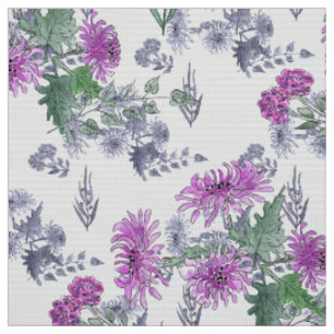 Tissu Aquarelle chrysanthème rose petites fleurs vert