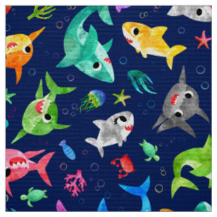 Tissu Aquarelle Famille de requins Adorable Océan