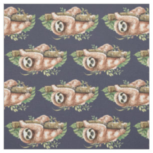 Tissu Aquarelle mignonne Sloth & Feuilles tropicaux