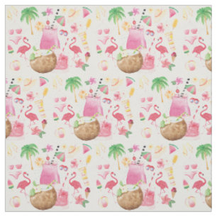 Tissu Aquarelle Plage Icônes Flamants roses Palmiers