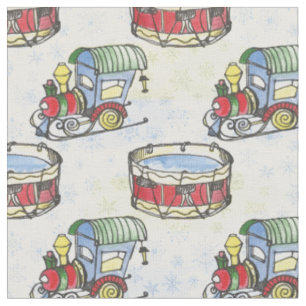 Tissu Aquarelle train de Noël et tambour dessiné main
