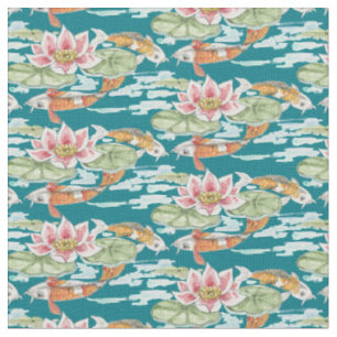 Tissu Aquarelle Tropical Turquoise Koi & Lotus Fish Pond