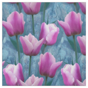 Tissu Aquarelle Tulipes roses et stuc bleu