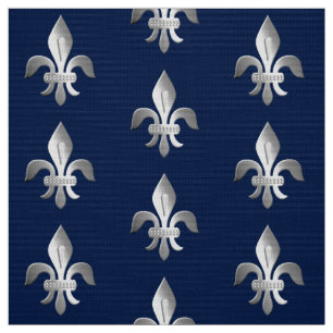 Tissu Argent Fleur-De-lis sur le bleu d'indigo
