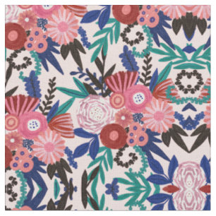 Tissu Artsy rose rouge bleu acrylique Fleurs peintes Feu