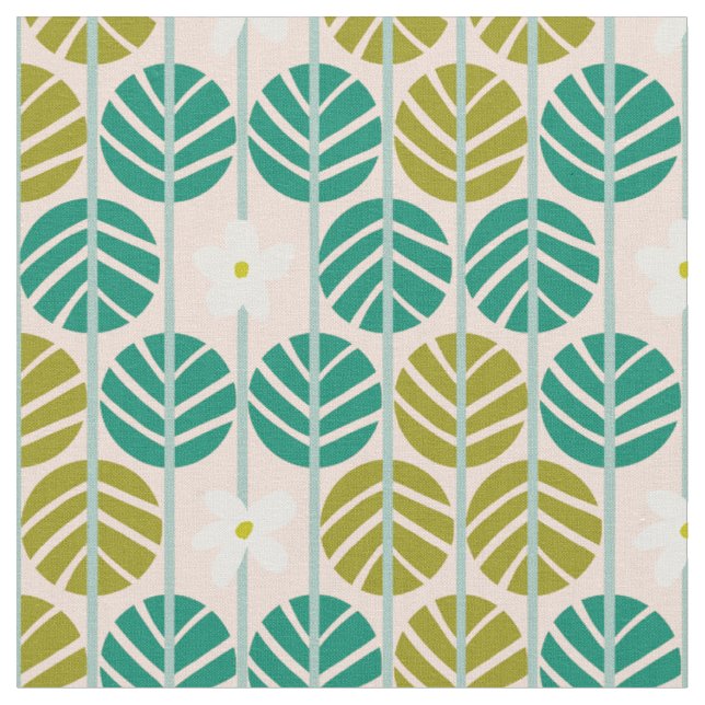 Tissu Bandes estivales vert floral rétro avec base rose (Fermer)