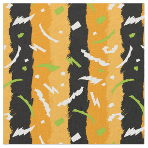 Tissu Bandes orange et noire aux formes blanches et vert