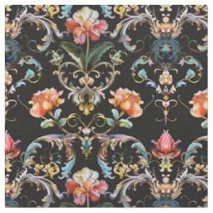 Tissu Baroque noir à fleurs damassé