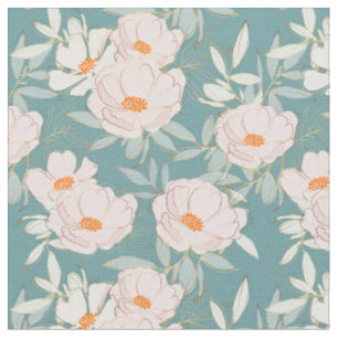 Tissu Beau jardin fleuri moderne bleu et rose