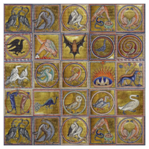 TISSU BESTIAIRE MÉDIÉVAL, ANIMAUX FANTASTIQUES, ROUGE D'