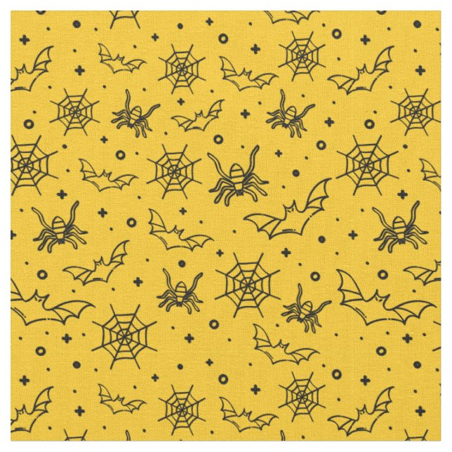Tissu Black Spider, Web & chauve-souris sur Yellow Gold (Fermer)