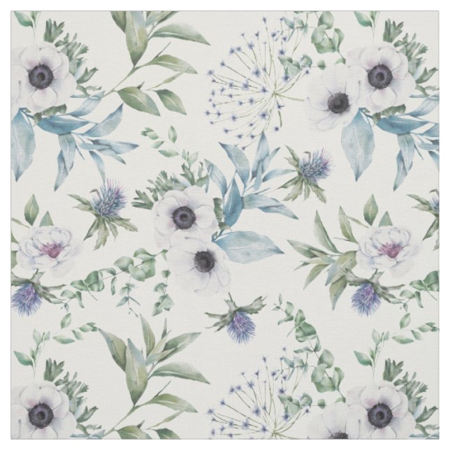 Tissu Blanc Floral Anémone Chardon Botanique (Échantillon)