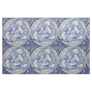 Tissu Bleu blanc lapin lièvre trio médaillon d'oiseau