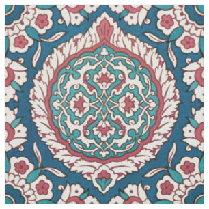 Tissu Bleu blanc rouge Turquoise Oriental Azulejo Motif