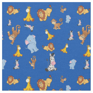 Tissu bleu Cute safari animal motif - Giraffe, éléphan