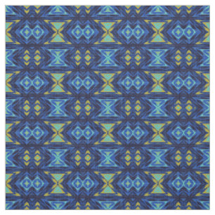 Tissu Bleu foncé Aqua Turquoise Vert Jaune Aspect ethniq