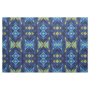 Tissu Bleu foncé Aqua Turquoise Vert Jaune Aspect ethniq