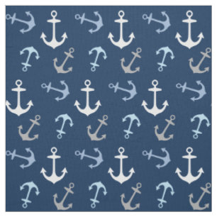 Tissu Bleu Nuit et Motif d'Ancre Gris Naval