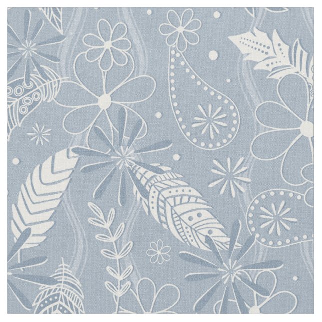 Tissu bleu poussiéreux plumes de bouho fleurs cachemire  (Fermer)