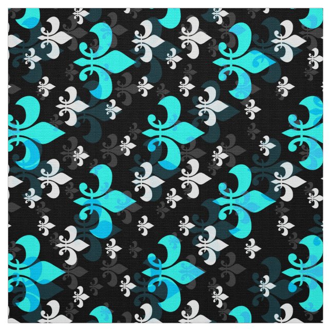 Tissu Bleu sur Fleur de Lis noir (Échantillon)