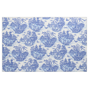 Tissu Blue Willow Animal Rabbit White Whimsical Toile