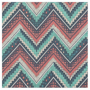 Tissu Boho Chevron Motif Zigzag turquoise, corail et c