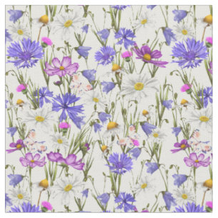 Tissu Botanique Fleur sauvage blanche, bleue et violette