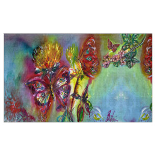 TISSU BOUTEILLES ROUGES SUR THISTLES JAUNES, CIEL BLEU F